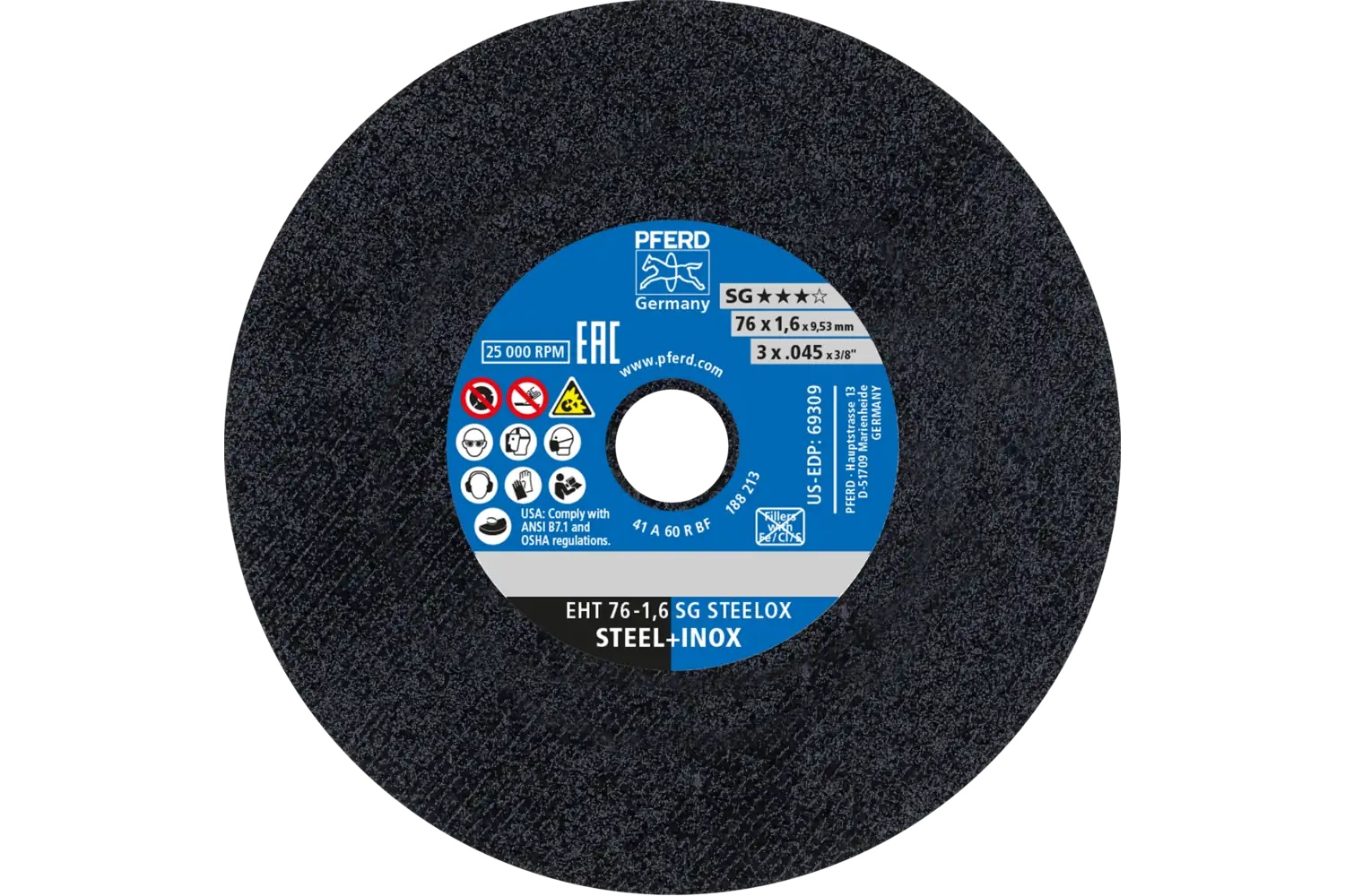 Picture of Pferd Die Grinder Cut-Off Wheel, 3" X .045 X 3/8, Sg Steelox, T1, Aluminum Oxide